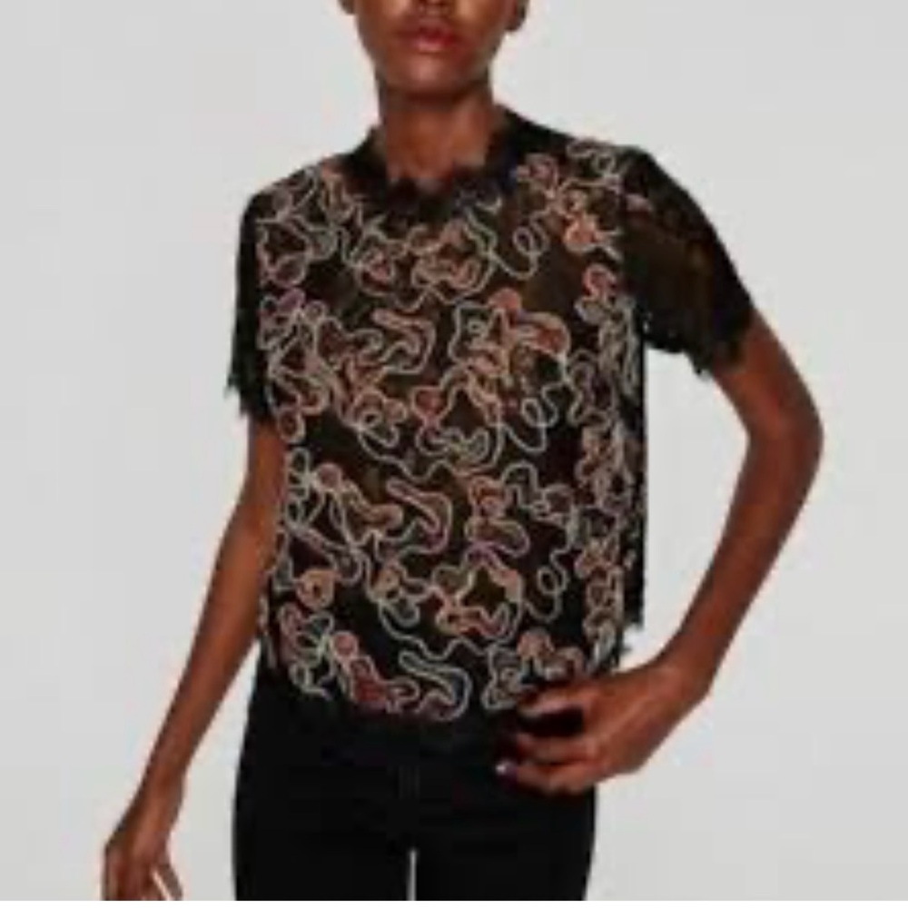 Zara Black Lace Blouse with Multicolor Embroidery